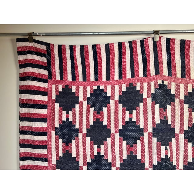 Matching Pair of Antique American Patriotic Hand Quilted Log Cabin Quilts C. Early 20th Century For Sale - Image 9 of 13
