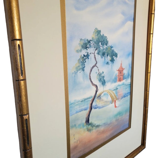 Mid 20th Century Vintage Serene Chinese Watercolor Painting - Gilt Bamboo Frame For Sale - Image 5 of 12