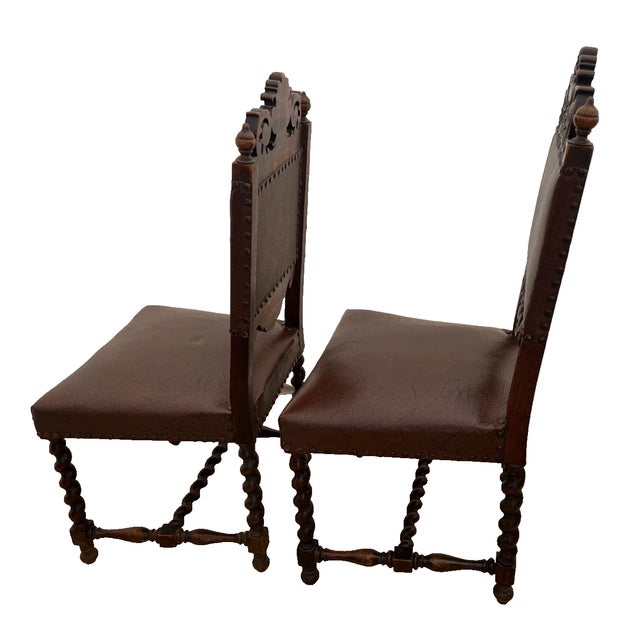 Antique Gothic Side Chairs Set of Two Barley Twist Legs Hand Carved Solid Oak For Sale - Image 4 of 13