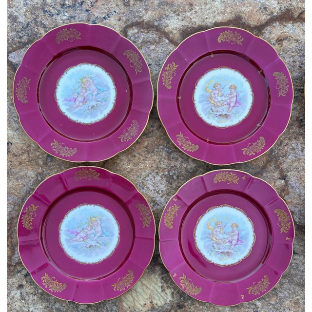 Vintage Set of 12 French Hand Painted Cherubs Gold Gilt Red Porcelain Dinner Plates For Sale In San Diego - Image 6 of 12