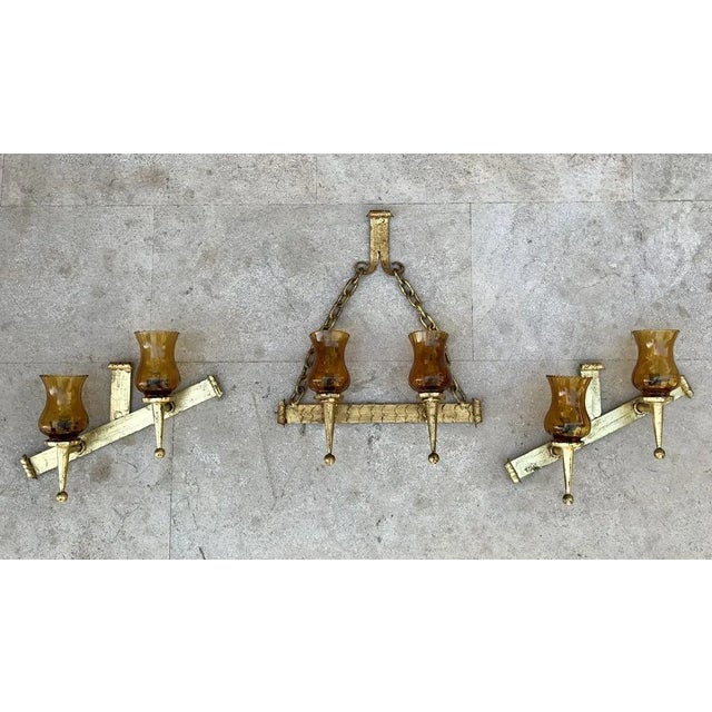 Mid 20th century iron and colored glass wall lights or sconces. small applique measurements: 22cm h, 37cm w, 12cm d uk...