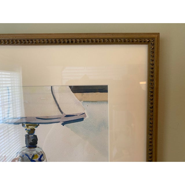 Chinoiserie 1980s Blue and White Ginger Jar Lamp Still Life Original Watercolor Painting, Framed For Sale - Image 3 of 10
