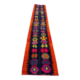 Nomadic Tribal Boho Orange Long Skinny Kilim Runner Rug For Sale