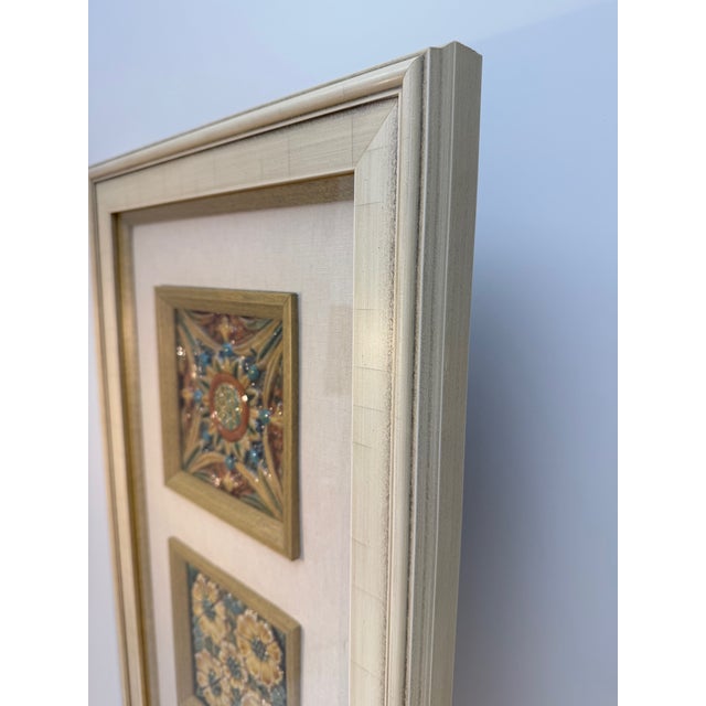 Late 19th–early 20th Century, Three Colorful Antique French Majolica Tiles, Newly Framed With Linen Mat For Sale - Image 9 of 12