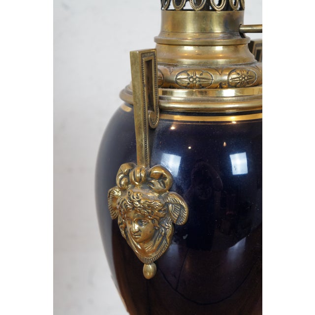 Antique French Empire Converted Cobalt Blue Glass Brass Urn Oil Lamp For Sale - Image 6 of 12