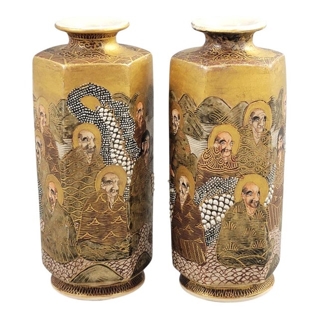 Japanese Satsuma Hexagonal Vases with Dragon and Rakan, Set of 2 For Sale - Image 3 of 13