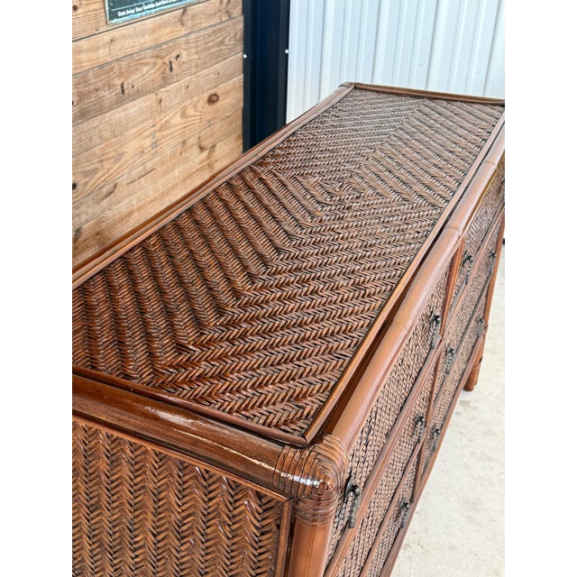 Coffee Late-20th Century British Colonial Style Six-Drawer Rattan Dresser For Sale - Image 8 of 12