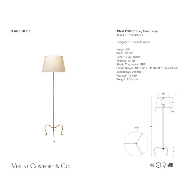 J. Randall Powers by Visual Comfort Signature Albert Petite Tri-Leg Floor Lamp in Gilded Iron with Silk Box Pleat Shade...