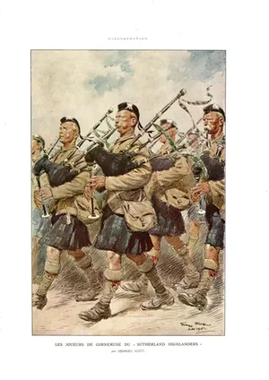 1914-18 the Great War the Sutherland Highland Pipers Les Joueurs De Cornemuse (Bagpipes) Print by Georges Scott