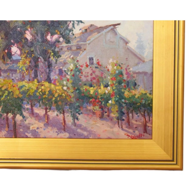 Pink Silvio Silvestri, Listed Artist Farm Barn & Grapevines Landscape Oil Painting Including the Antiqued Gold Wood Frame For Sale - Image 8 of 12