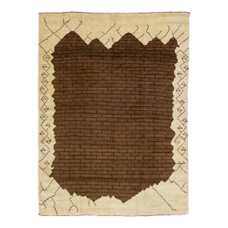 Modern Art Deco Style Brown Handmade Designed Wool Rug For Sale