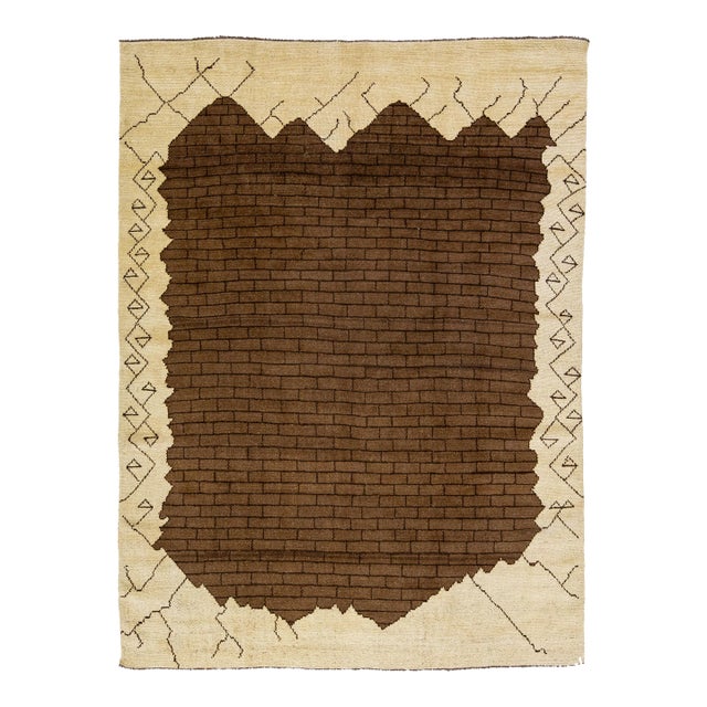 Modern Art Deco Style Brown Handmade Designed Wool Rug For Sale
