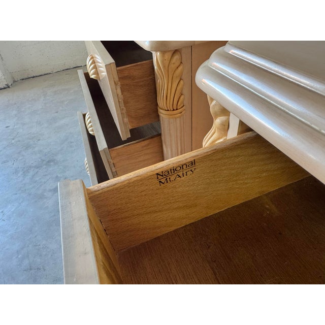 Vintage Hollywood Regency Art Deco-Style Solid Wood Nightstands With Shell Handles by National Mt. Airy – A Pair For Sale - Image 9 of 12