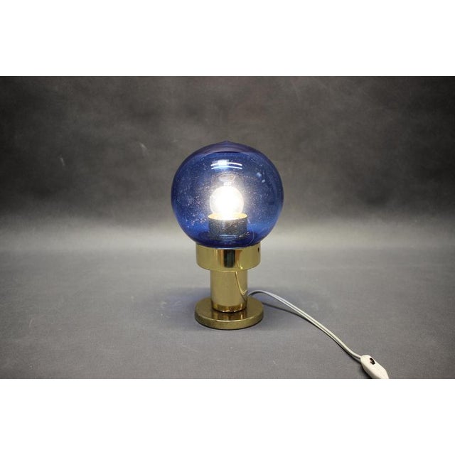 Kamenicky Senov Blue Glass and Brass Table Lamp, Czechoslovakia, 1970s For Sale - Image 6 of 8