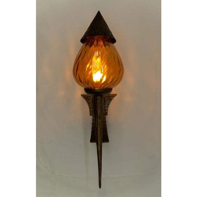 Large French Hand-Forged Iron and Glass Wall Lamp, 1960s For Sale - Image 4 of 17