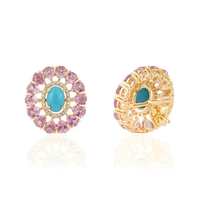 Metal 6.32ct Cabochon Turquoise Pink Sapphire & Diamond Floral Stud Earrings 14k Gold- A Pair For Sale - Image 7 of 13