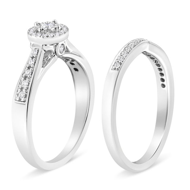 Contemporary .925 Sterling Silver 1/3 Cttw Diamond Halo and Pave Shank Engagement Ring Set (I-J Color, I3 Clarity) - Ring Size 7 For Sale - Image 3 of 5