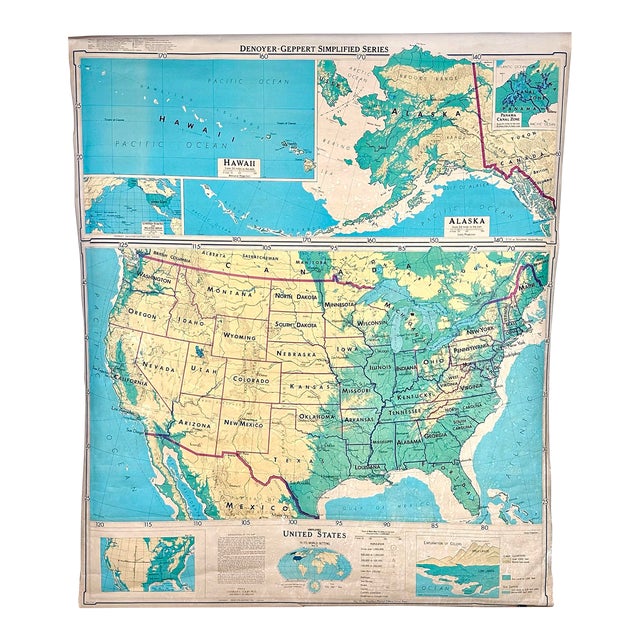 Vintage 1960’s United States School Wall Map by Denoyer-Geppert For Sale