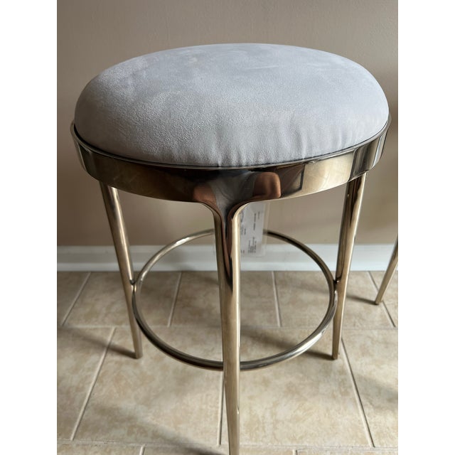 Baker Furniture Minimalist Counter Stool, Polished Nickel Base, Swivel Seat in White Suede - Pair For Sale - Image 13 of 18