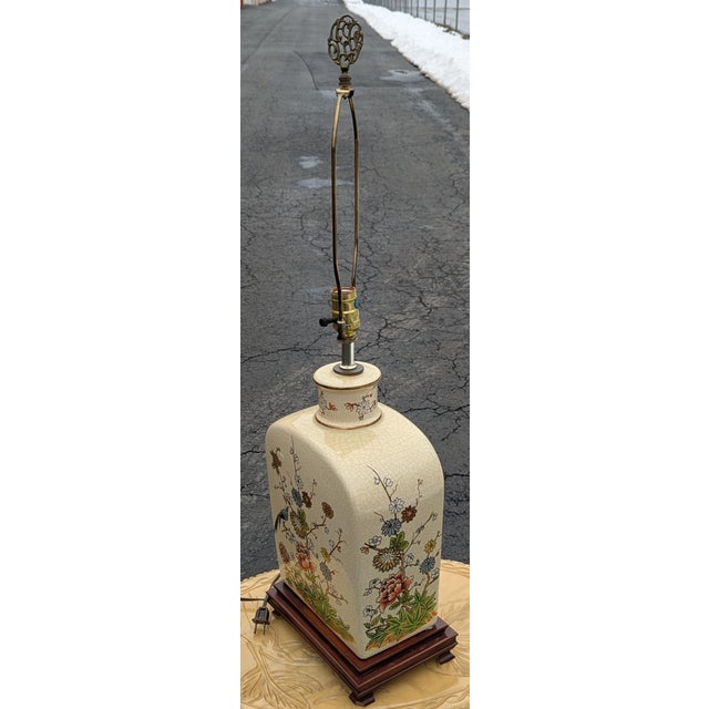 Asian Vintage Large Crackle Oriental Asian Floral With Birds Table Lamp 29", Oriental Lamp, Asian Decor For Sale - Image 3 of 9