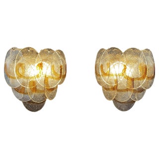 Vintage Italian Murano Wall Lights in Trasparent and Amber Glass, 1970, Set of 2 For Sale