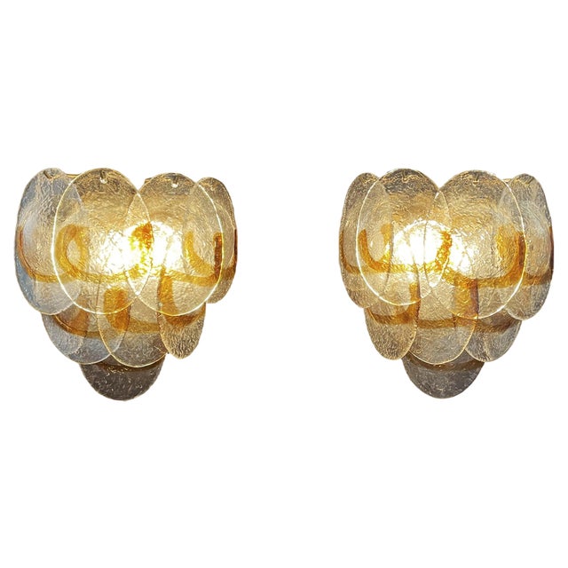 Vintage Italian Murano Wall Lights in Trasparent and Amber Glass, 1970, Set of 2 For Sale