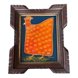 2025 Original Outsider Folk Art Chicken Painting in Antique Frame For Sale