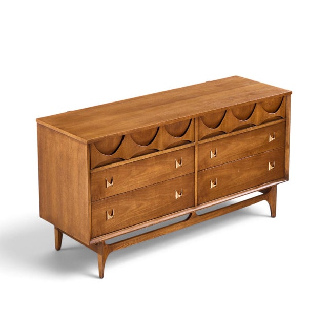 Brass Broyhill Brasilia Mid Century Walnut and Brass 6 Drawer Dresser For Sale - Image 8 of 9