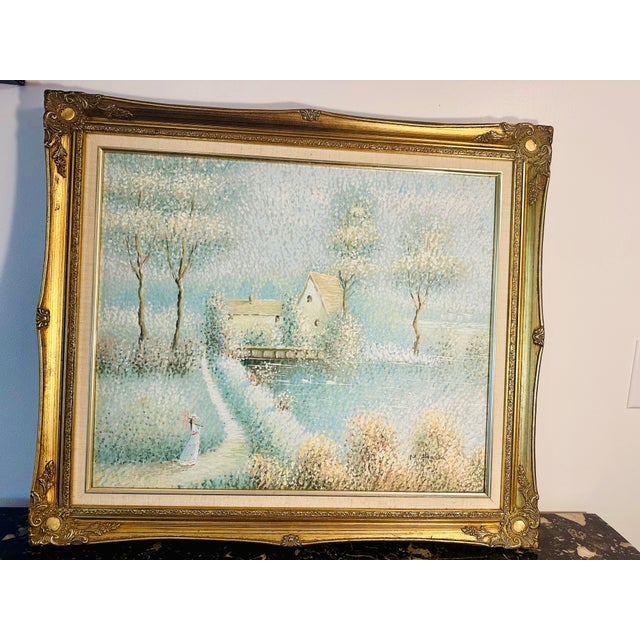 Vintage Impressionist Pastel Cottage Oil Painting in Ornate Gold Frame For Sale - Image 6 of 12