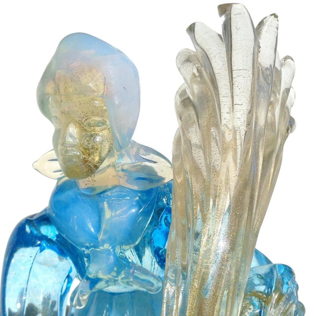 Figurative Murano Vintage Opalescent Blue White Gold Flecks Italian Art Glass Mid Century Women Farmer Sculpture For Sale - Image 3 of 7