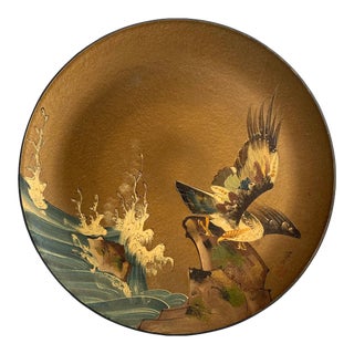 Imakoa Round Tray Japanese Lacquer Decorative Ocean Bird Scene Aizu Japan Chinoiserie Vintage For Sale