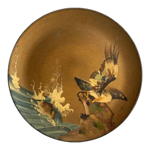 Imakoa Round Tray Japanese Lacquer Decorative Ocean Bird Scene Aizu Japan Chinoiserie Vintage