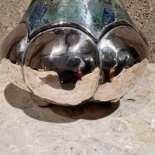 Mid-Century Modern 1960s Los Castillo Silver Turquoise Vase Taxco Mosaico Azteca For Sale - Image 3 of 7