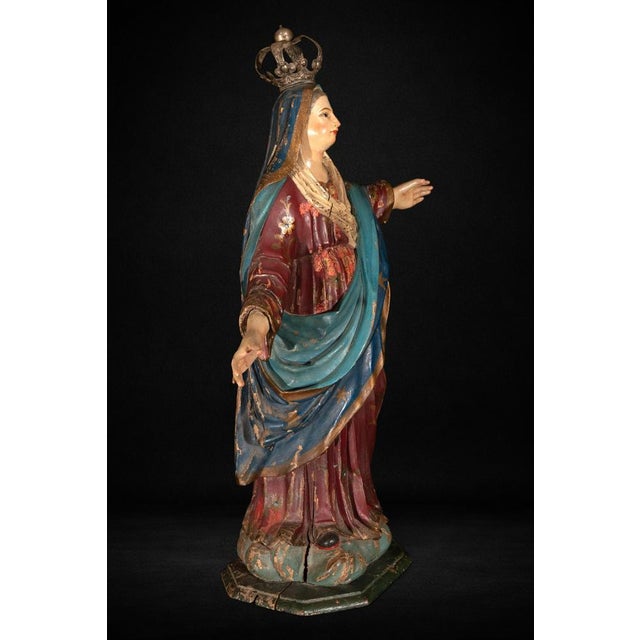 Wood Large Spanish Colonial Polychrome Virgin Mary, 1780 For Sale - Image 7 of 9