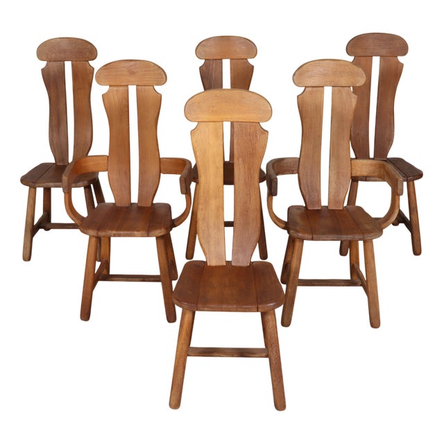 Brutalist Dining Chairs in Oak by De Puydt, Belgium, 1970s, Set of 6 For Sale