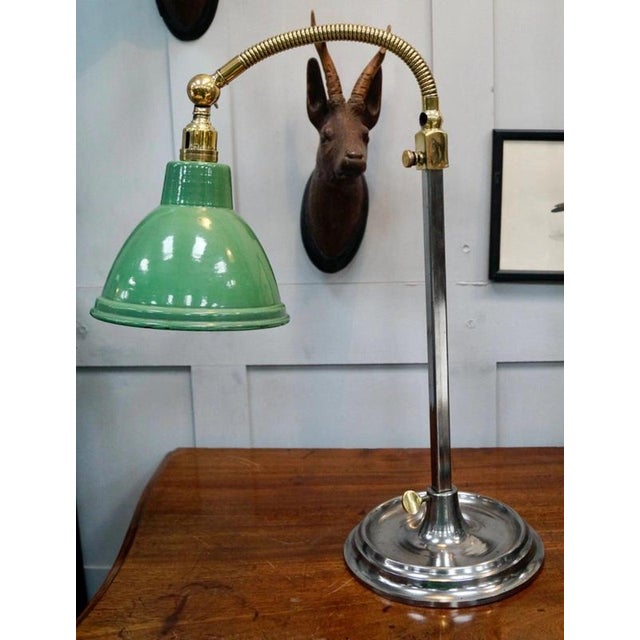 1920s Antique Brass and Green Enamel Gooseneck Reading Lamp, 1920 For Sale - Image 5 of 7