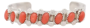 Signed Pd Coonsis Zuni Silver & Coral Cabochon Cuff Bracelet