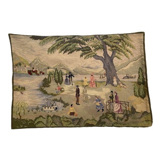 Large Vintage Americana Folk Art Needlepoint Tapestry - Late 20th Century - Handstitched Textile Art for Tableaux For Sale