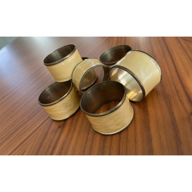 Boho Chic 1960s Pearly Enamel and Brass Napkin Rings-Set of 7 For Sale - Image 3 of 8