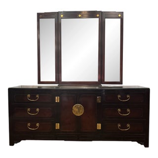 Vintage Hickory White Chinoiserie Style Burl Wood & Lacquer Dresser & Mirror For Sale
