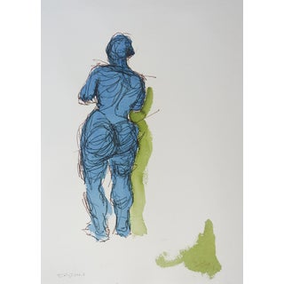 Vintage Nude in Blue Abstract Drawing For Sale