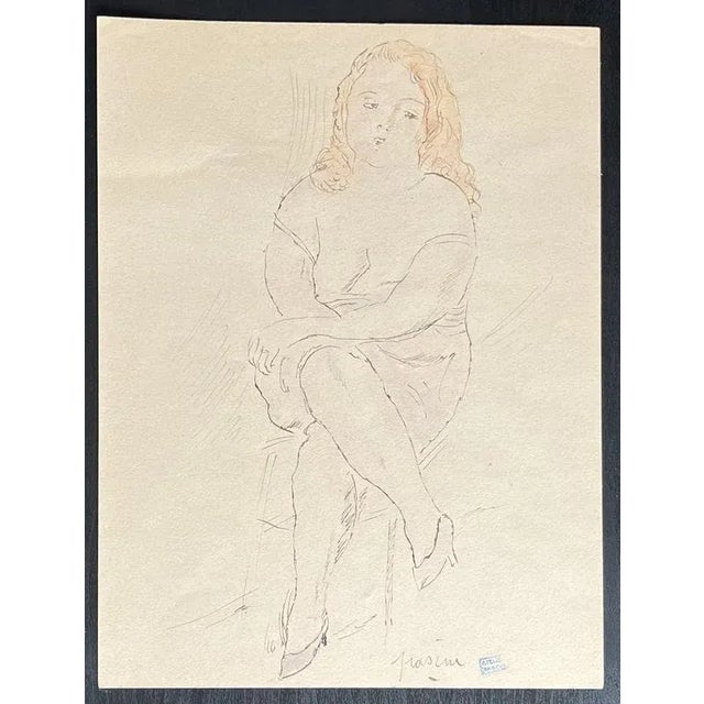 Modern Jules Pascin, Young Woman Seated, Original Mixed Media Drawing For Sale - Image 3 of 3