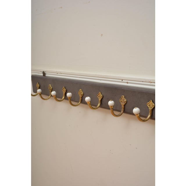Antique Victorian Coat Rack with Cast Brass and Ceramic Hooks, 1880 For Sale - Image 4 of 16