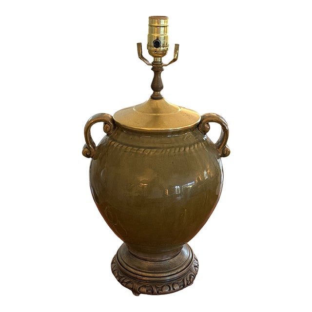 Vintage Neoclassical Stoneware Urn Lamp With Cast Metal Base and Handles For Sale