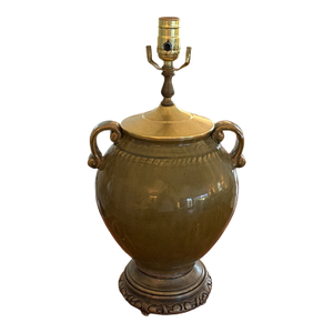 Vintage Neoclassical Stoneware Urn Lamp With Cast Metal Base and Handles