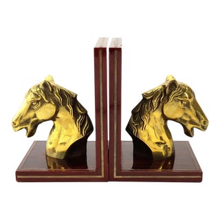 Horse Stallion Brass Bookends Cherry Wood Inlay Set of 2 For Sale