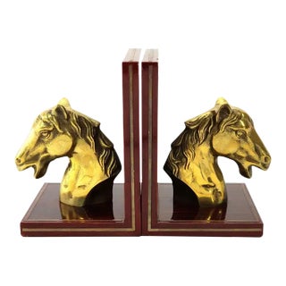 Mid-Century Brass Horse Head Bookends With Cherry Wood Bases For Sale