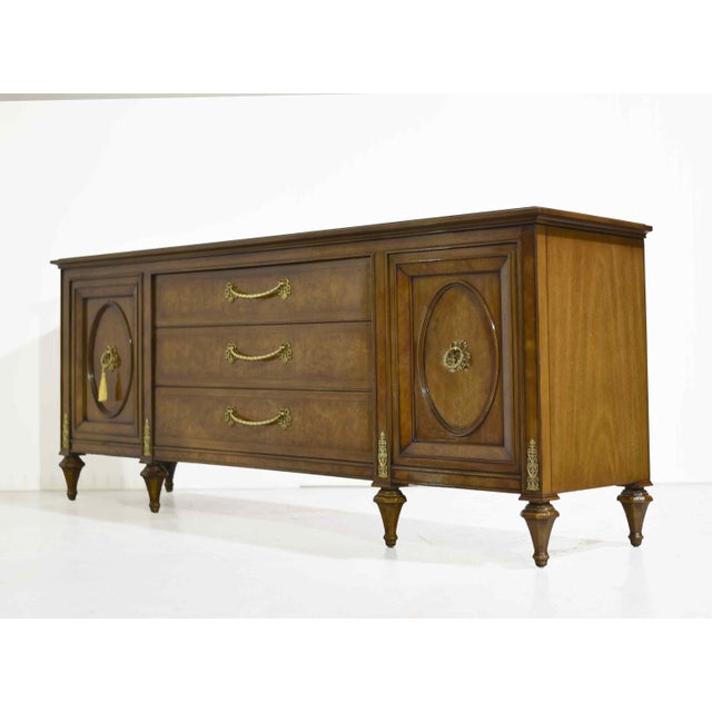 Mid Century French Provincial-Style Burlwood Lowboy Dresser by Hellam Furniture Company Pennsylvania For Sale - Image 4 of 17