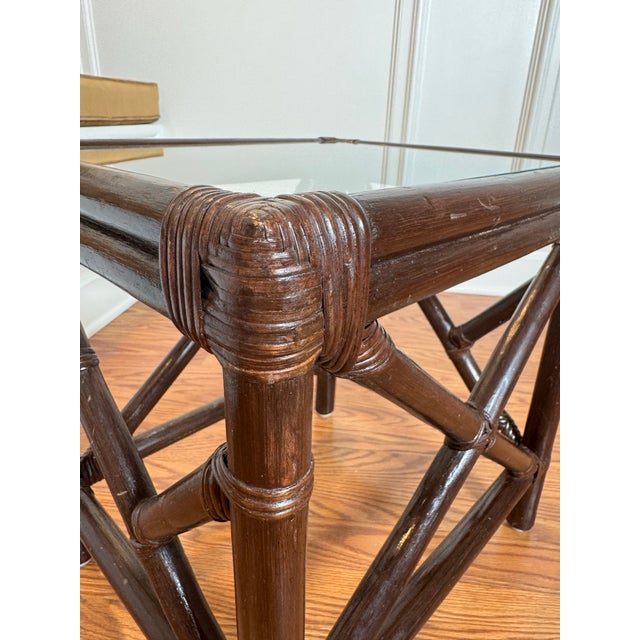 Vintage Chippendale Style Bamboo Wrapped Rattan Glass Top Accent Side Table, Dark Brown For Sale - Image 11 of 12