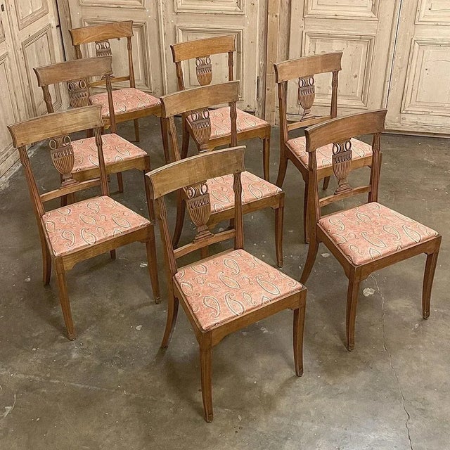 Set of Eight 18th Century Swedish Gustavian Neoclassical Dining Chairs were very recently reupholstered in a high quality...